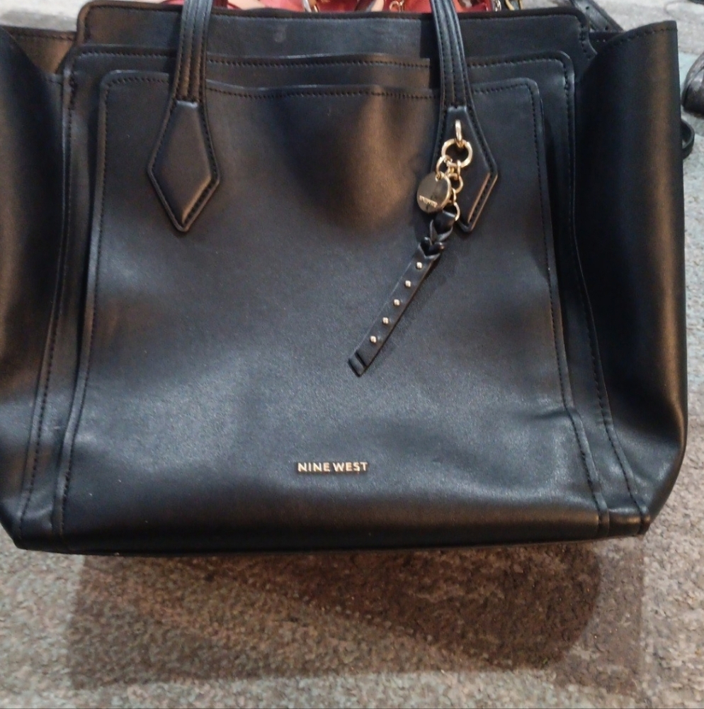 Nine West Black Leather Tote with Chain Detail